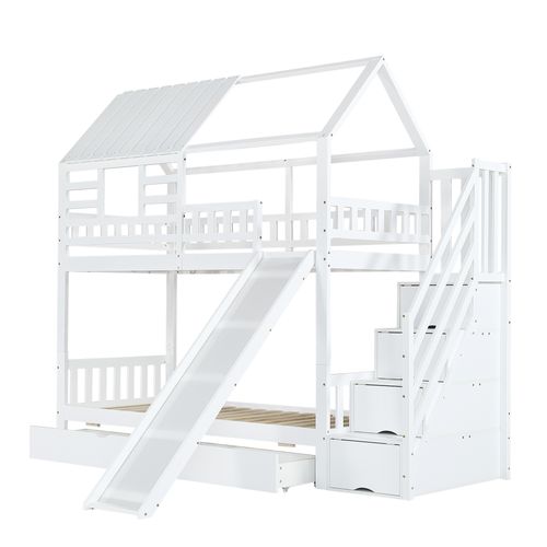 Lit Superposé Bois Mdf 90x200 Avec Escalier Rangement Tiroirs étagères Enfant ,  Blanc