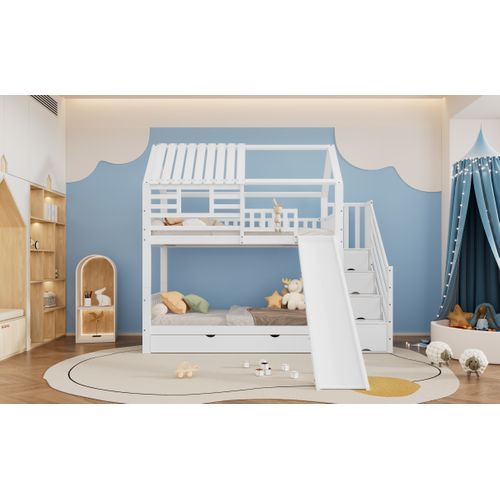 Lit Superposé Bois Mdf 90x200 Avec Escalier Rangement Tiroirs étagères Enfant ,  Blanc
