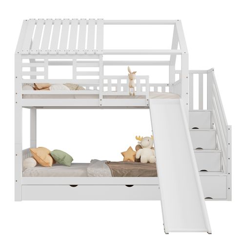Lit Superposé Bois Mdf 90x200 Avec Escalier Rangement Tiroirs étagères Enfant ,  Blanc