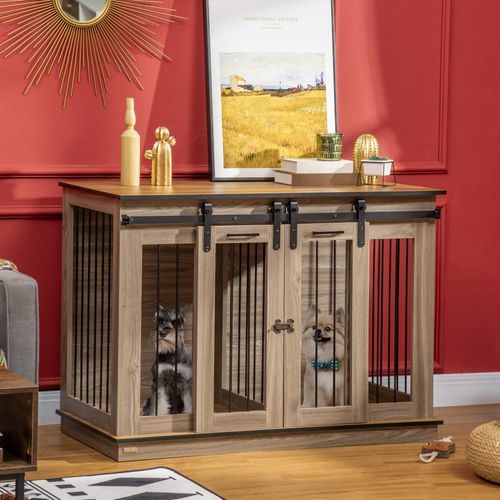 Cage Pour Chien En Chêne, 120l X 60b X 88,5h Cm, 2 Portes, Pour Chiens Moyens