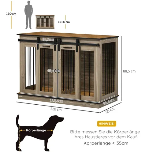 Cage Pour Chien En Chêne, 120l X 60b X 88,5h Cm, 2 Portes, Pour Chiens Moyens