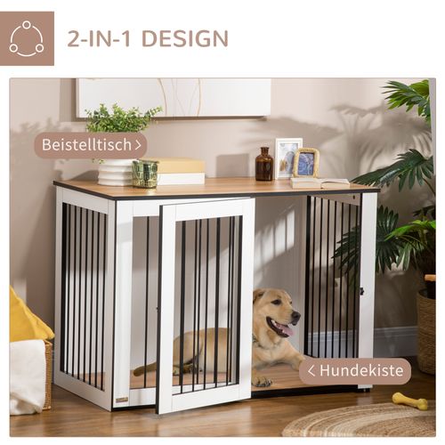 Cage Pour Chien En Bois Aggloméré, Avec Portes Verrouillables, 106x60x76cm, Noyer Foncé Et Blanc