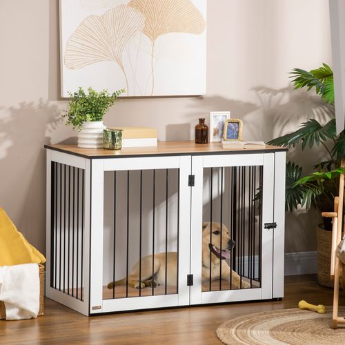 Cage Pour Chien En Bois Aggloméré, Avec Portes Verrouillables, 106x60x76cm, Noyer Foncé Et Blanc