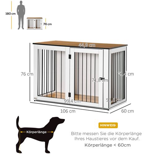 Cage Pour Chien En Bois Aggloméré, Avec Portes Verrouillables, 106x60x76cm, Noyer Foncé Et Blanc