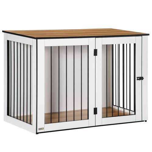 Cage Pour Chien En Bois Aggloméré, Avec Portes Verrouillables, 106x60x76cm, Noyer Foncé Et Blanc