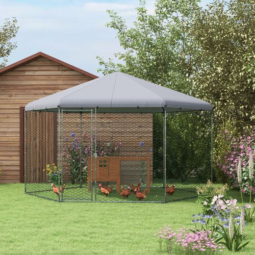Enclos à Poules En Acier Avec Couverture, Porte, Pour 10-15 Poules, Gris