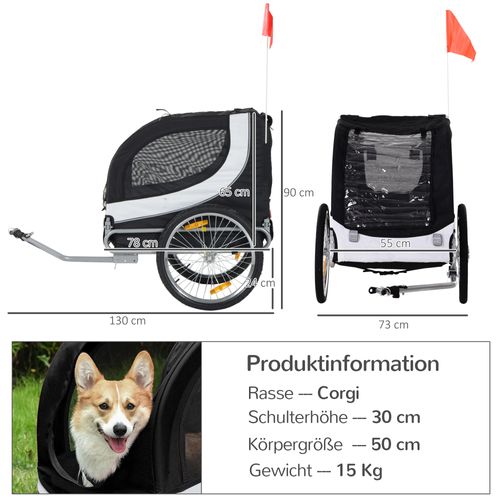 Remorque à Vélo Pour Chiens, Métal, 130x73x90 Cm, Blanc Et Noir