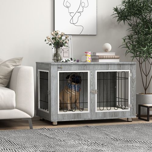 Cage Pour Chien En Métal Avec Coussin, 2 Verrous, Portes Doubles, Gris, 90 X 58 X 65 Cm