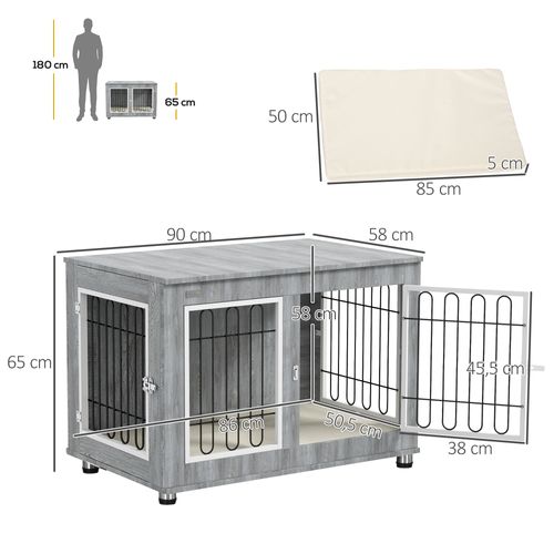 Cage Pour Chien En Métal Avec Coussin, 2 Verrous, Portes Doubles, Gris, 90 X 58 X 65 Cm