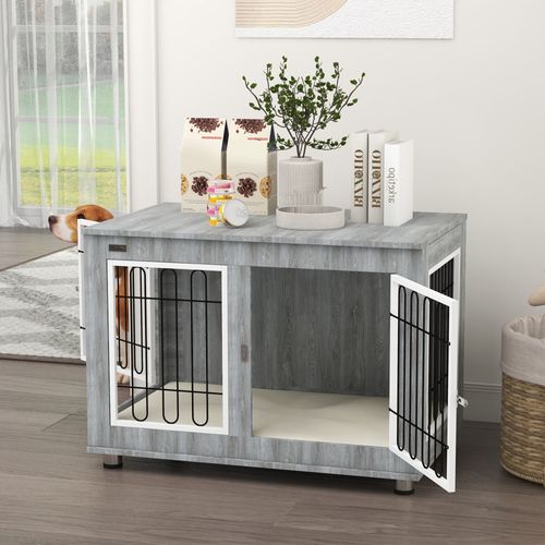Cage Pour Chien En Métal Avec Coussin, 2 Verrous, Portes Doubles, Gris, 90 X 58 X 65 Cm