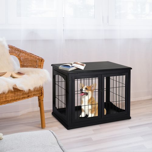 Caisse Pour Chien En Mdf Et Métal Avec Surface De Table Et Cage Pour Petits Animaux, Noir