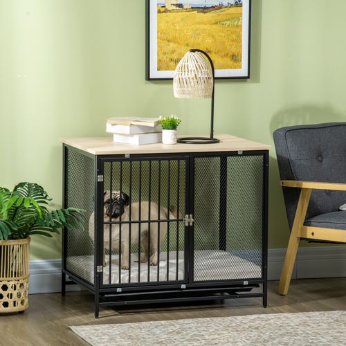 Kennel Pour Chien En Chêne Noir Avec Plateau, Coussin Et Bac Extensible, 80 X 55 X 71 Cm