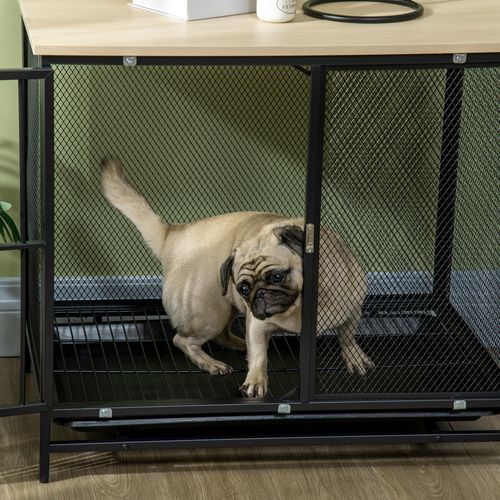 Kennel Pour Chien En Chêne Noir Avec Plateau, Coussin Et Bac Extensible, 80 X 55 X 71 Cm