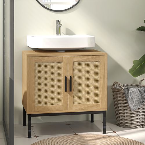 Meuble Sous Vasque En Bois D'eucalyptus Avec Espaces De Rangement, Effet Rotin, 60 X 39 X 60 Cm