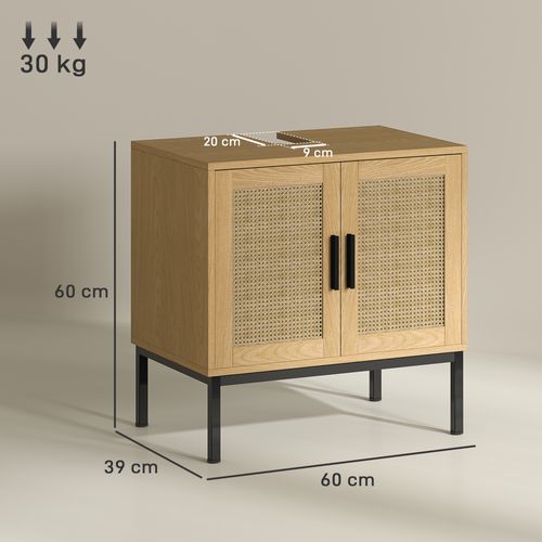 Meuble Sous Vasque En Bois D'eucalyptus Avec Espaces De Rangement, Effet Rotin, 60 X 39 X 60 Cm