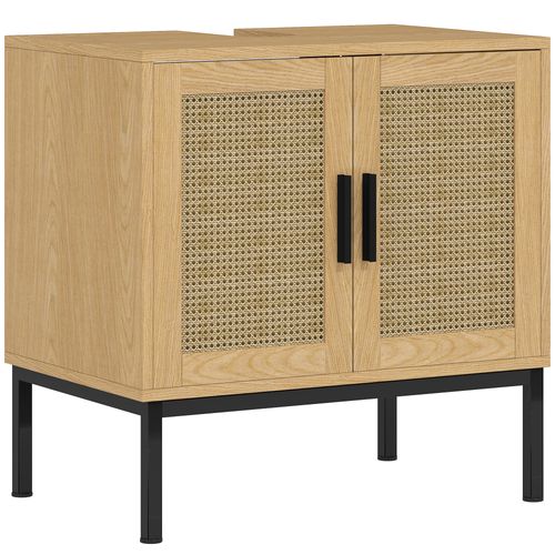Meuble Sous Vasque En Bois D'eucalyptus Avec Espaces De Rangement, Effet Rotin, 60 X 39 X 60 Cm