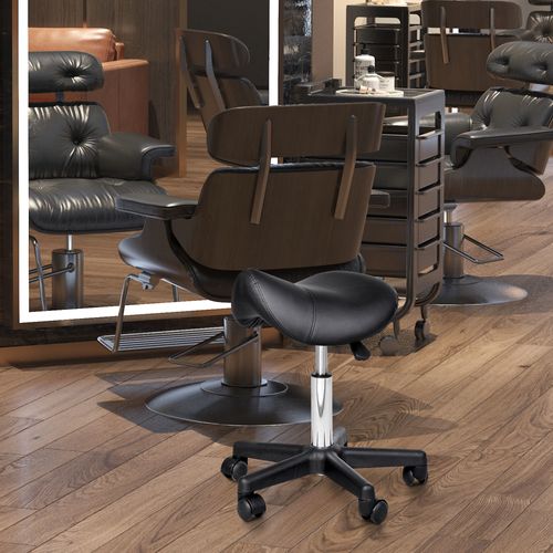 Tabouret De Coiffure En Cuir Synthétique Réglable Avec Roulettes, Noir
