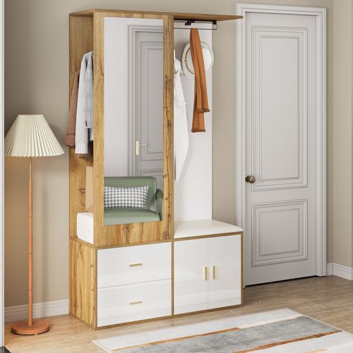 Ensemble De Rangement Avec Miroir, Armoire à Chaussures, Banc à Chaussures Et Tringle Extensible