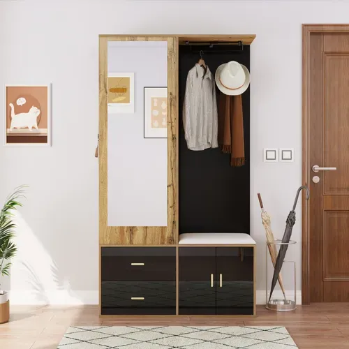 Armoire En Bois Avec Miroir, Meuble à Chaussures, Banc à Chaussures Et Cintres Extensibles