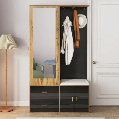 Armoire En Bois Avec Miroir, Meuble à Chaussures, Banc à Chaussures Et Cintres Extensibles