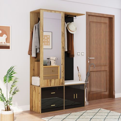 Armoire En Bois Avec Miroir, Meuble à Chaussures, Banc à Chaussures Et Cintres Extensibles