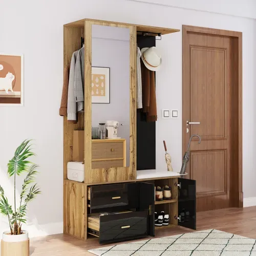 Armoire En Bois Avec Miroir, Meuble à Chaussures, Banc à Chaussures Et Cintres Extensibles