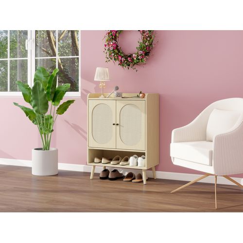 Armoire à Chaussures En Bois Naturel, Design En Rotin, Avec Espace De Rangement Ouvert, 68x35x90cm