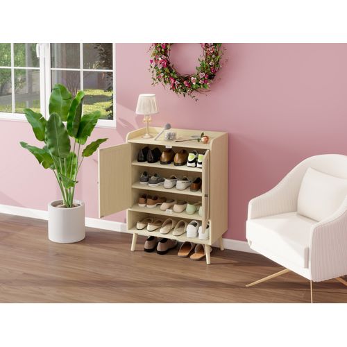Armoire à Chaussures En Bois Naturel, Design En Rotin, Avec Espace De Rangement Ouvert, 68x35x90cm