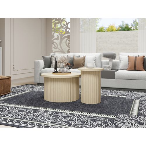 Table D'appoint Ronde En Bois Naturel Avec Structure Ondulée, Plateau à Rabat Et Rangement Intégré