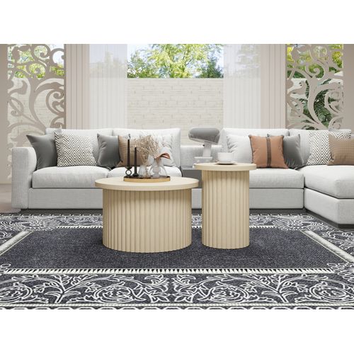 Table D'appoint Ronde En Bois Naturel Avec Structure Ondulée, Plateau à Rabat Et Rangement Intégré