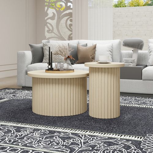 Table D'appoint Ronde En Bois Naturel Avec Structure Ondulée, Plateau à Rabat Et Rangement Intégré