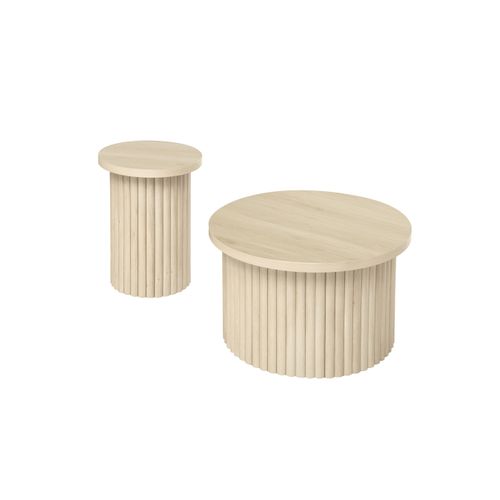 Table D'appoint Ronde En Bois Naturel Avec Structure Ondulée, Plateau à Rabat Et Rangement Intégré