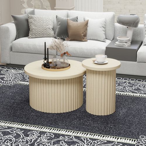 Table D'appoint Ronde En Bois Naturel Avec Structure Ondulée, Plateau à Rabat Et Rangement Intégré