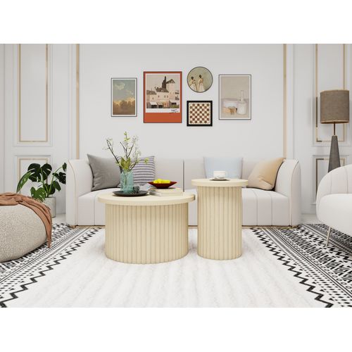 Table D'appoint Ronde En Bois Naturel Avec Structure Ondulée, Plateau à Rabat Et Rangement Intégré