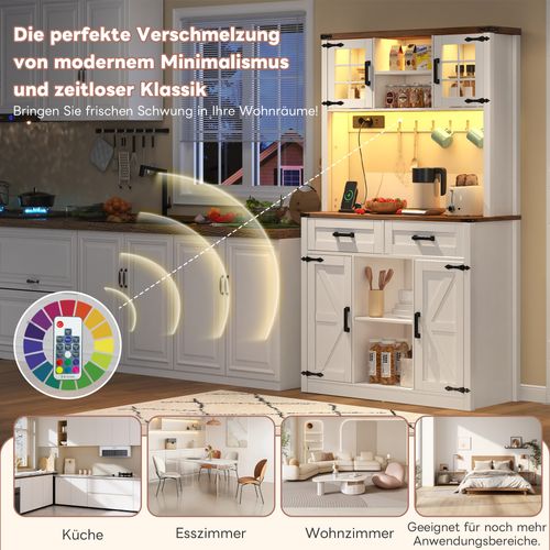 Buffetschrank En Bois Avec éclairage LED Et Prises, Design De Porte De Grange, Blanc