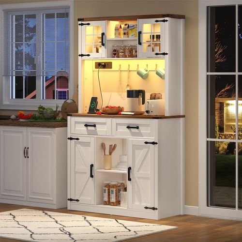 Buffetschrank En Bois Avec éclairage LED Et Prises, Design De Porte De Grange, Blanc