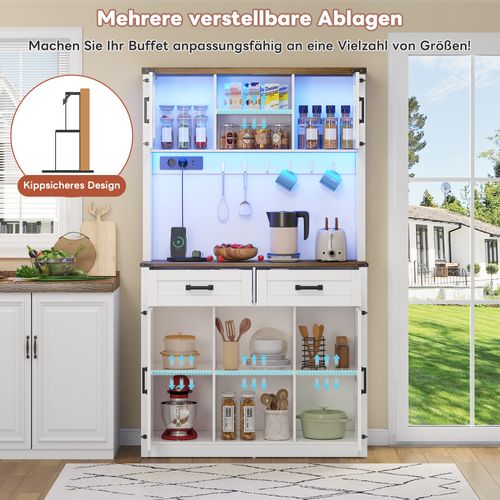 Buffetschrank En Bois Avec éclairage LED Et Prises, Design De Porte De Grange, Blanc