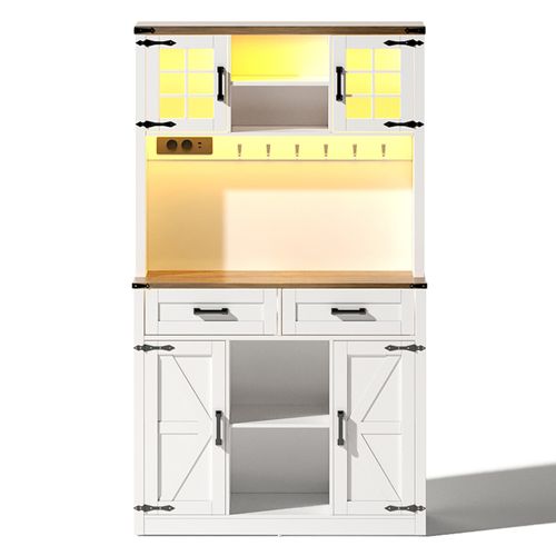 Buffetschrank En Bois Avec éclairage LED Et Prises, Design De Porte De Grange, Blanc