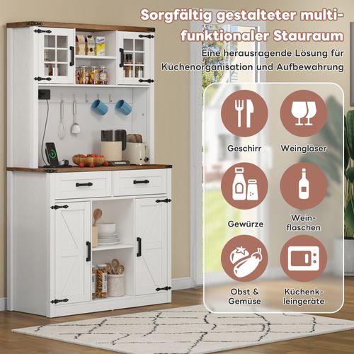 Buffetschrank En Bois Avec éclairage LED Et Prises, Design De Porte De Grange, Blanc