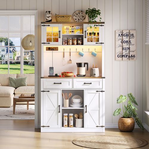 Buffetschrank En Bois Avec éclairage LED Et Prises, Design De Porte De Grange, Blanc