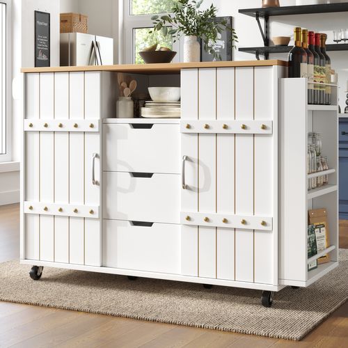 Chariot De Cuisine En Bois Avec Roulettes Et Plan De Travail, étagère à épices Et Porte-serviettes