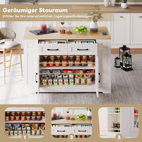 Îlot De Cuisine En Mélamine Avec Table Rabattable,usb,porte En Verre,roulettes Avec Frein