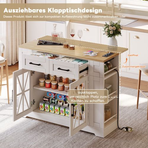 Îlot De Cuisine En Mélamine Avec Table Rabattable,usb,porte En Verre,roulettes Avec Frein
