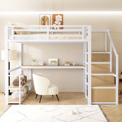 Lit Mezzanine 140x200 Métal Avec échelle De Rangement Et Tables, Structure Robuste, Blanc