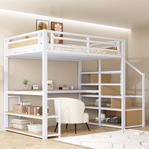 Lit Mezzanine 140x200 Métal Avec échelle De Rangement Et Tables, Structure Robuste, Blanc