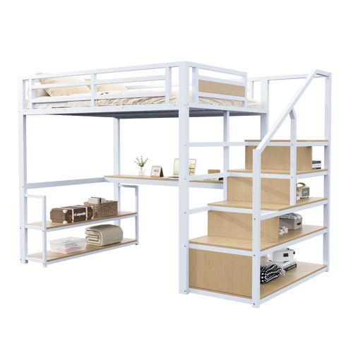 Lit Mezzanine 140x200 Métal Avec échelle De Rangement Et Tables, Structure Robuste, Blanc