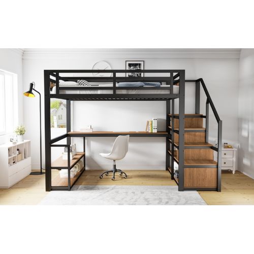 Lit Mezzanine 140x200 En Métal Avec Échelle De Rangement, Design Sécurisé, Noir