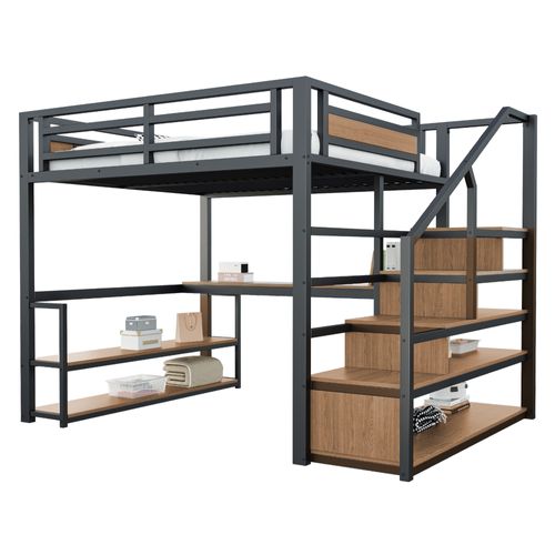 Lit Mezzanine 140x200 En Métal Avec Échelle De Rangement, Design Sécurisé, Noir