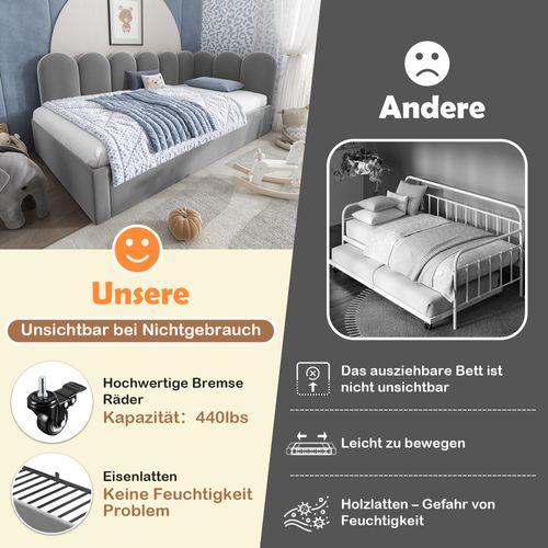 Lit D'appoint 90x200cm En Velours, Lit à Tiroir 90x190cm, Avec Sommier, Gris