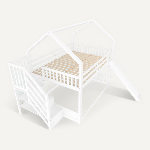 Lit Superposé En Bois Avec échelle De Rangement Et Toboggan, Sans Matelas, Blanc